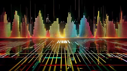 Aufkleber - Vibrant sound wave patterns in various colors rise and fall on a digital grid, illuminated by lights reflecting off a dark background.