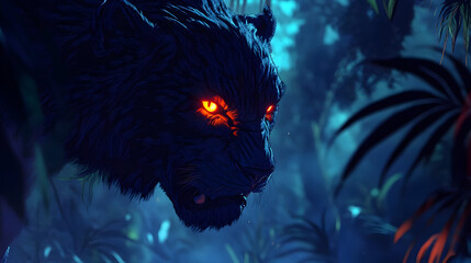 Wall Mural - Predator with Glowing Eyes in a Dark Forest: A Digital Art Masterpiece