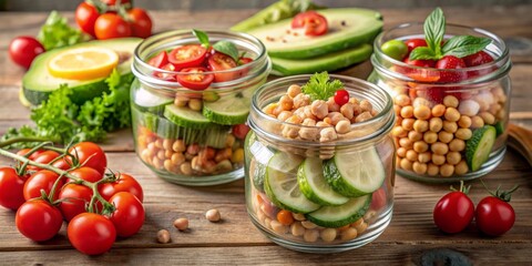 Freshly prepared healthy lunch in reusable glass containers on rustic beige background, featuring chickpeas, grilled chicken, juicy tomatoes, crunchy cucumbers, and creamy avocados.