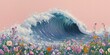 © Ross - Beautiful Wave Painting with Pink Background and Colorful Meadow of Flowers Combining Nature's Beauty and Tranquility in a Unique Art Piece