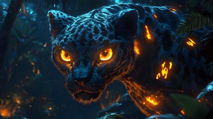 Wall Mural - Fiery Jungle Cat: A Digital Art Masterpiece with Glowing Eyes and Fur