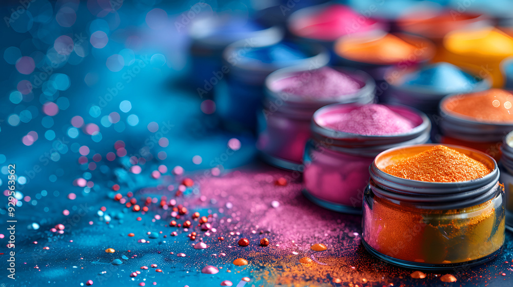 A collection of vibrant powders displayed in jars, set against a ...
