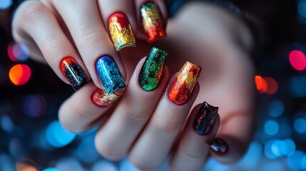 Poster - A detailed view of a woman hands with a multi-color manicure, highlighting the artistic and creative design of the nail polish.