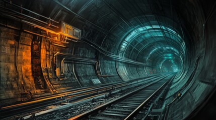 Aufkleber - A detailed view of an underground train tunnel with tracks and signaling equipment, highlighting the infrastructure and technical aspects of the transit system