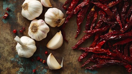 A detailed view of dried red chilies and garlic bulbs arranged on a rustic table, with the rough textures and deep colors highlighting their intensity.