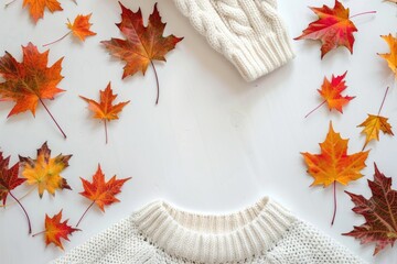 Wall Mural - A person wearing a white sweater and matching hat surrounded by colorful autumn leaves