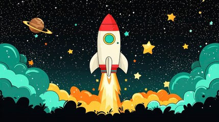 Wall Mural - rocket launching into space with stars and clouds