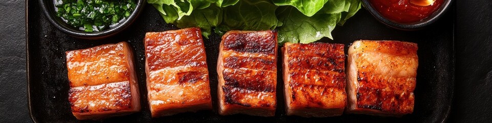 Wall Mural - Delicious grilled salmon fillets with fresh green garnish in black plate, side of sauce, perfect for healthy seafood lovers and gourmet dining