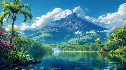 Art illustration Mountain and lake in tropical forest