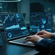 © DreamART - business, technology, stock market, data analysis, laptop, financial graphs, hands on keyboard, futuristic, modern office, trading, finance, digital display