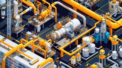 Poster - A large industrial facility with complex pipe networks and control valves