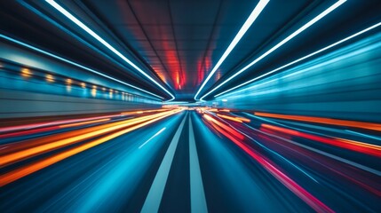 Leinwandbilder - a wide-angle shot of a highway tunnel with moving traffic, emphasizing the dynamic movement of vehic