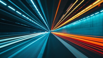 Leinwandbilder - a wide-angle shot of a highway tunnel with moving traffic, emphasizing the dynamic movement of vehic