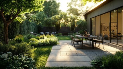 Poster - A wide-angle shot of a minimalistic outdoor patio with a simple dining table, a few modern chairs, and a well-maintained garden area, featuring clean lines and a serene environment.