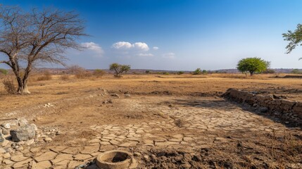 Poster - A wide-angle shot of a rural area affected by drought, with empty wells and dry, parched land, emphasizing the challenges faced by local communities.