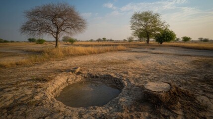 Poster - A wide-angle shot of a rural area affected by drought, with empty wells and dry, parched land, emphasizing the challenges faced by local communities.