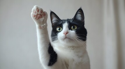 Sticker - Curious cat sitting with one paw raised on a plain backdrop