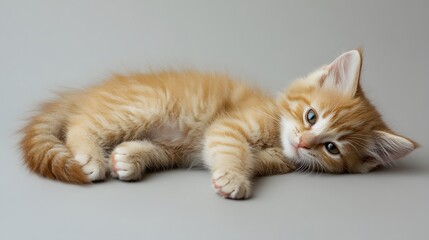 Fluffy kitten lying down with its tail curled around its body on a blank backdrop