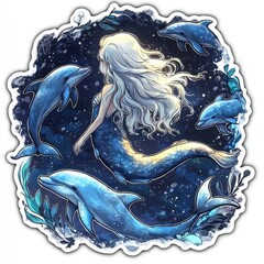 Sticker - Mermaid with Dolphins in the Ocean