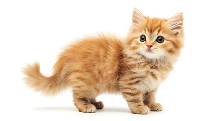 Sticker - Fluffy kitten standing with its tail curled up on a blank white background