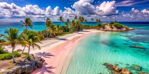 Vibrant pink sand beach stretches along turquoise waters, surrounded by swaying palm trees and coral rocks, at a serene deserted Harbor Island Bahamas cove.