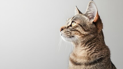 Wall Mural - Curious cat sitting and staring off into the distance on a plain backdrop