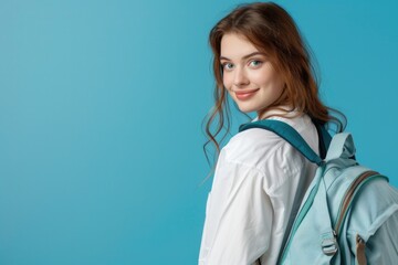 A woman carrying a backpack stands against a bright blue background, ready for adventure