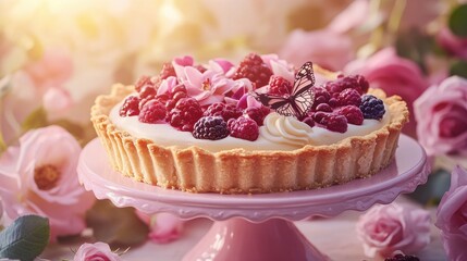 Canvas Print - A beautifully decorated berries and cream pie on a pink cake stand, adorned with pink roses and a butterfly, with a warm sunset in the background.