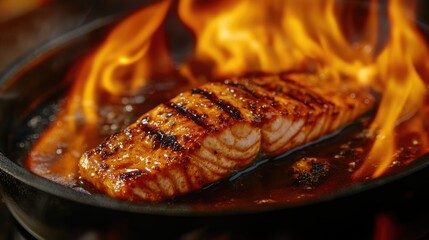 Canvas Print - A sizzling spicy salmon dish in unagi sauce, set against a fiery background, emphasizing the heat and intensity of the flavors.