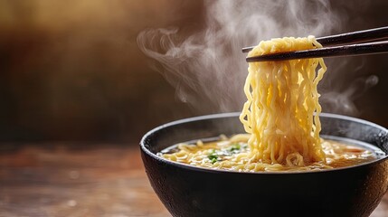 Wall Mural - A steaming bowl of ramen with chopsticks lifting noodles, isolated on a neutral background, with space for text, highlighting the warmth and comfort of Japanese cuisine.