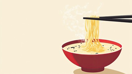 Canvas Print - A steaming bowl of ramen with chopsticks lifting noodles, isolated on a neutral background, with space for text, highlighting the warmth and comfort of Japanese cuisine.