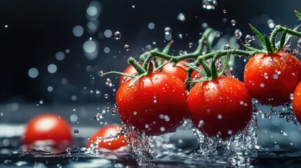 Wall Mural - Cherry tomatoes captured as they splash out of water, with droplets creating a lively, refreshing scene that emphasizes their natural juiciness.