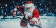 © Mr. Stocker - Santa Claus playing hockey on an icy rink during a snowy winter evening