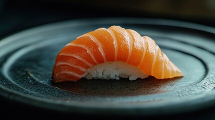 Sticker - Exquisite salmon sashimi sushi on a refined plate, showcasing the quality and craftsmanship of Japanese cuisine, set against a sophisticated dark backdrop.