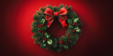 Wall Mural - decorative christmas wreath with red bow and holly against a festive red background
