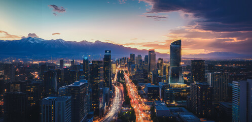 Sunset over Santiago with city skyline and mountain backdrop