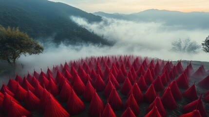 Wall Mural - A field of red paper lanterns is lit up in the fog