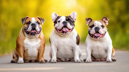 Wall Mural - Three dogs are sitting on a road, smiling and looking at the camera