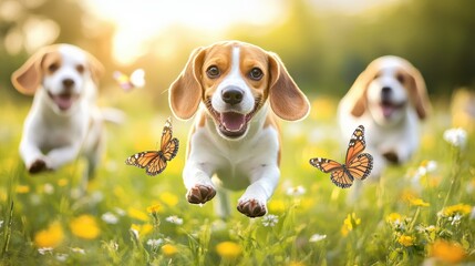 Wall Mural - Three dogs are running through a field with butterflies in the background