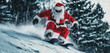 © Mr. Stocker - Santa Claus snowboarding on a winter slope surrounded by evergreen trees during the holiday season