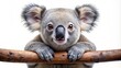 © kansak01 - Adorable koala perched on a forked branch, soft gray fur, cute nose, and big round eyes, isolated on a pure white background with a natural ambiance.