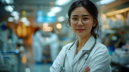 Wall Mural - Confident Young Female Doctor in White Coat with Stethoscope