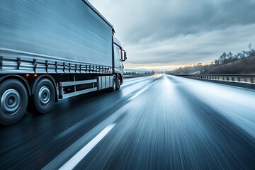 Poster - A truck driving on a wet highway under a cloudy sky.