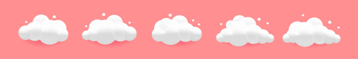 Wall Mural - 3d geometric white cloud shapes on a soft pink background. fluffy cartoon cloud icons and soft round
