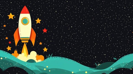 Wall Mural - rocket launching into space with stars and hills