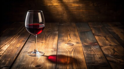 A solitary glass of rich, velvety red wine sits on a dimly lit, rustic wooden table, surrounded by ominous shadows, evoking a sense of mystery and luxury.