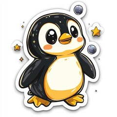 Sticker - Cute Cartoon Penguin with Stars and Planets Sticker Design