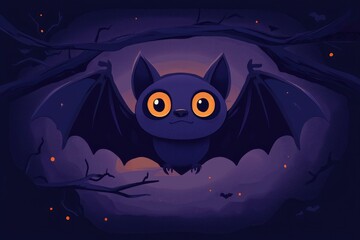 Wall Mural - Cute Cartoon Bat In A Night Forest