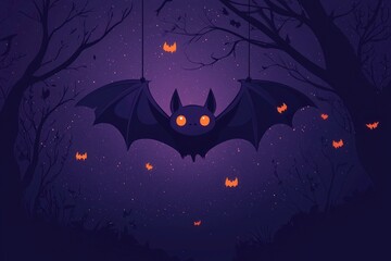 Canvas Print - Cute Bat Hanging in a Spooky Forest at Night