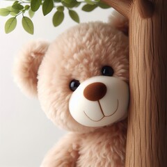 Wall Mural - a cute teddy bear peeking from behind a tree,soft lighting, low contrast, pastel color scheme